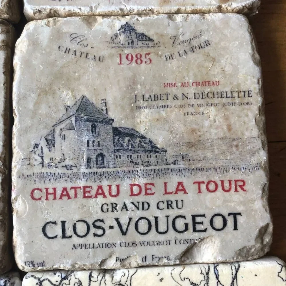 Set of 7 Square Natural Stone Marble Coasters French Wine Labels Maps 4